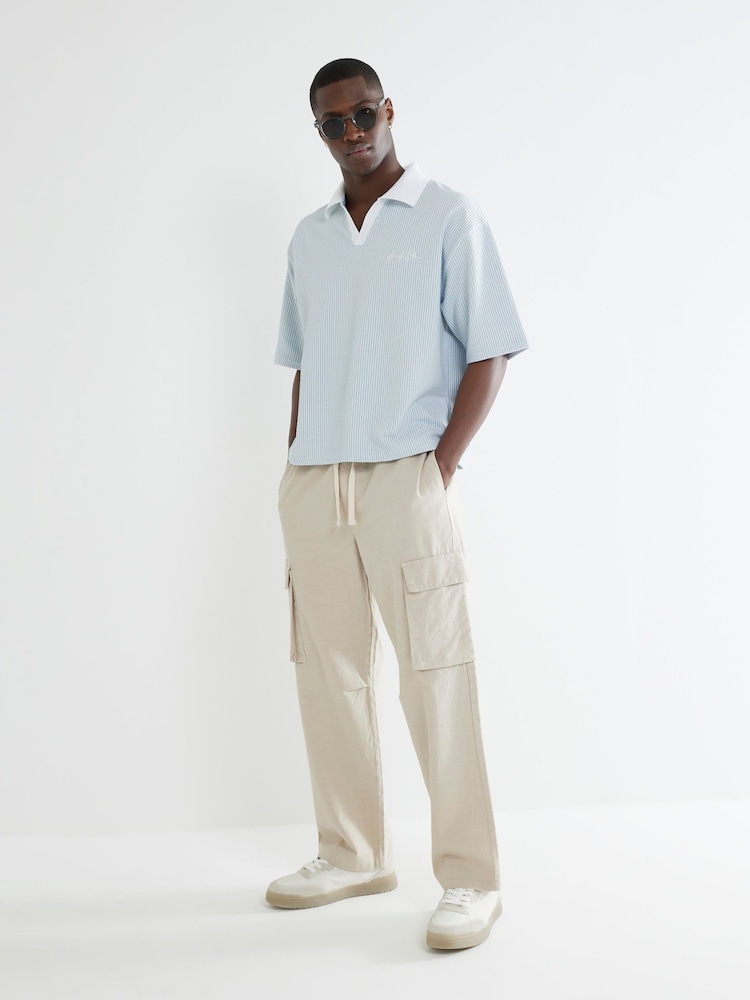 River Island Blue Seersucker Open Neck T-Shirt - Image 1 of 4