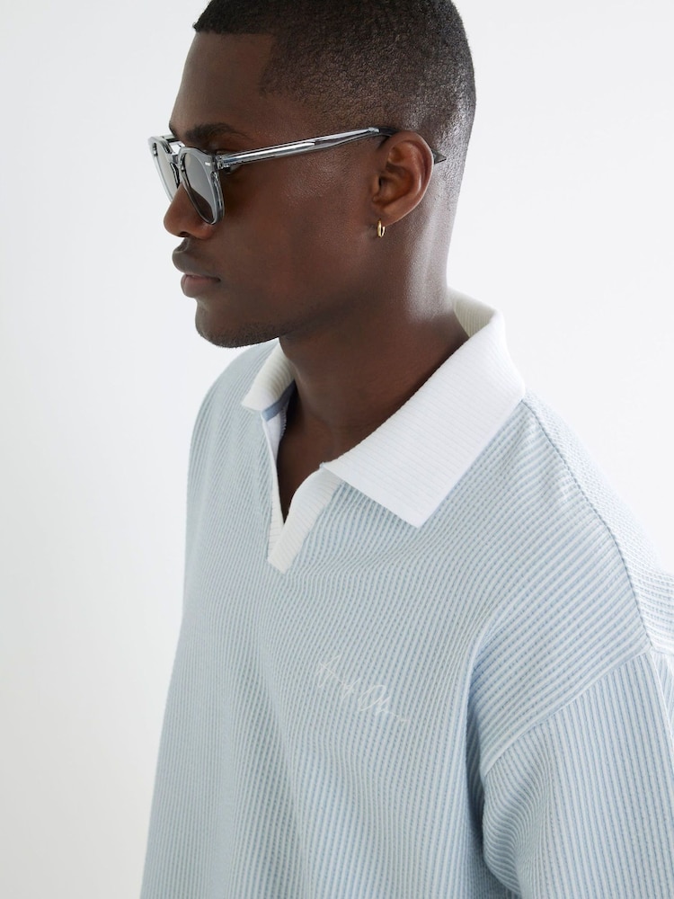 River Island Blue Seersucker Open Neck T-Shirt - Image 2 of 4
