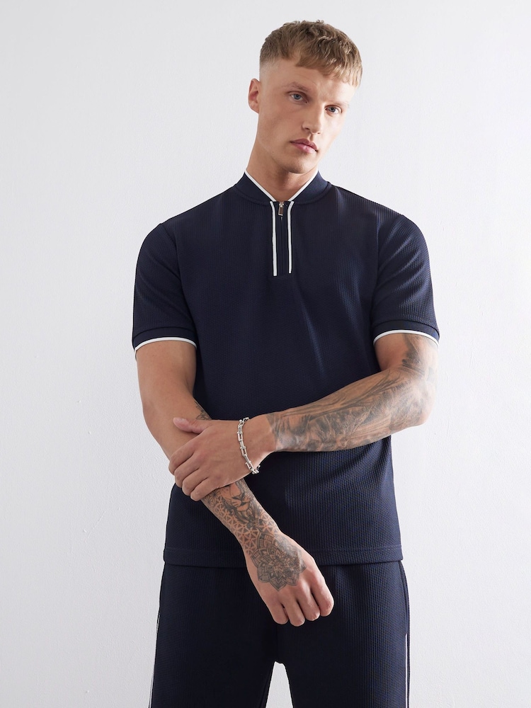 River Island Blue Slim Fit Tipped Zip T-Shirt - Image 1 of 4 River Island Blue Slim Fit Tipped Zip T-Shirt - Image 1 of 4