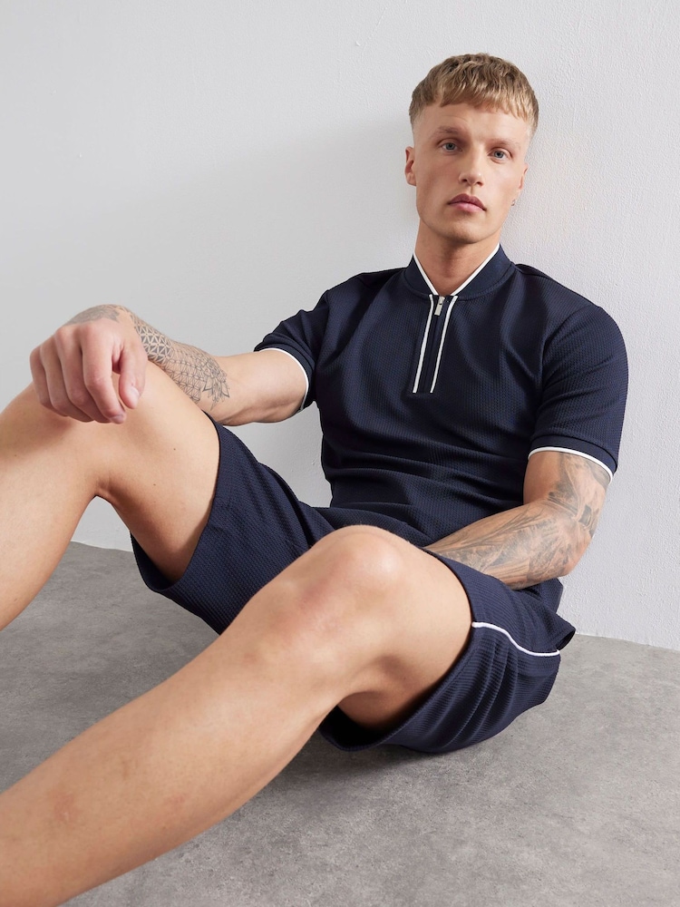 River Island Blue Slim Fit Tipped Zip T-Shirt - Image 2 of 4 River Island Blue Slim Fit Tipped Zip T-Shirt - Image 2 of 4