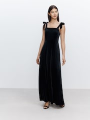 Black Bridesmaid Bow Shoulder Velvet Maxi Dress - Image 1 of 8