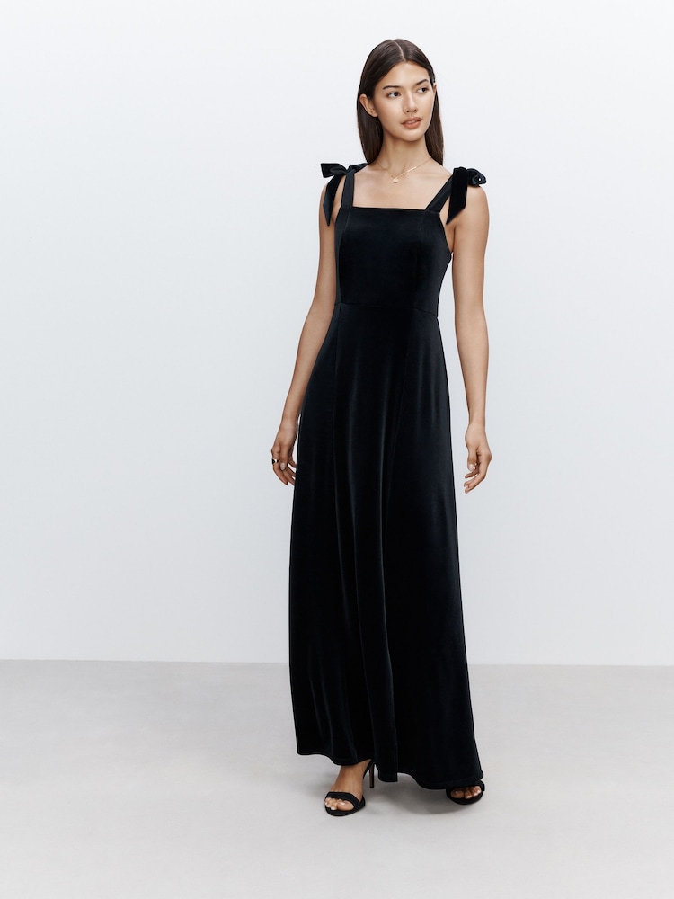 Black Bridesmaid Bow Shoulder Velvet Maxi Dress - Image 1 of 8