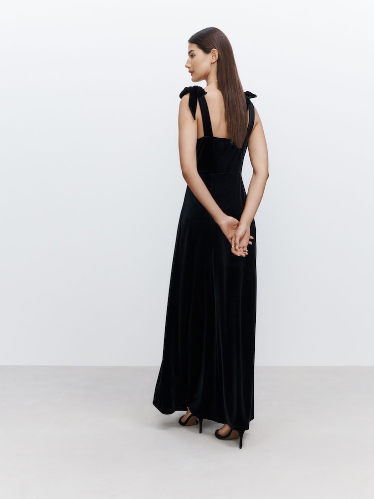 Black Bridesmaid Bow Shoulder Velvet Maxi Dress - Image 2 of 8