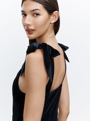 Black Bridesmaid Bow Shoulder Velvet Maxi Dress - Image 5 of 8