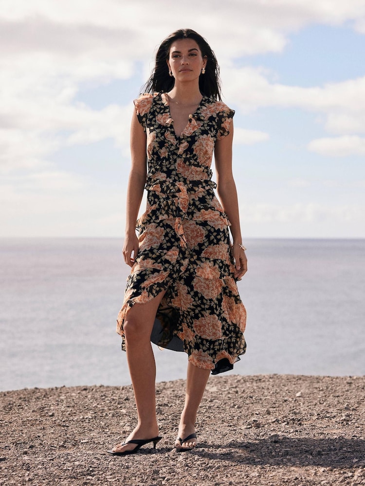 Mint Velvet Orange Floral Print Midi Dress - Image 1 of 7