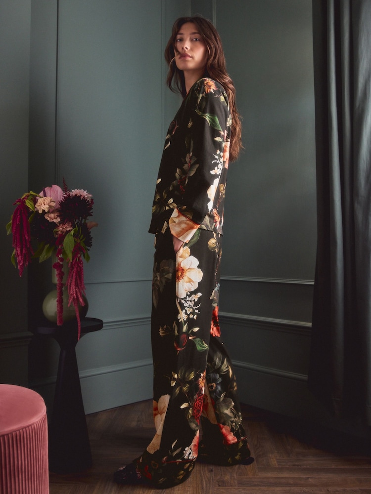 Charcoal Grey Floral Print Jersey Button Through Pyjamas - Image 1 of 12