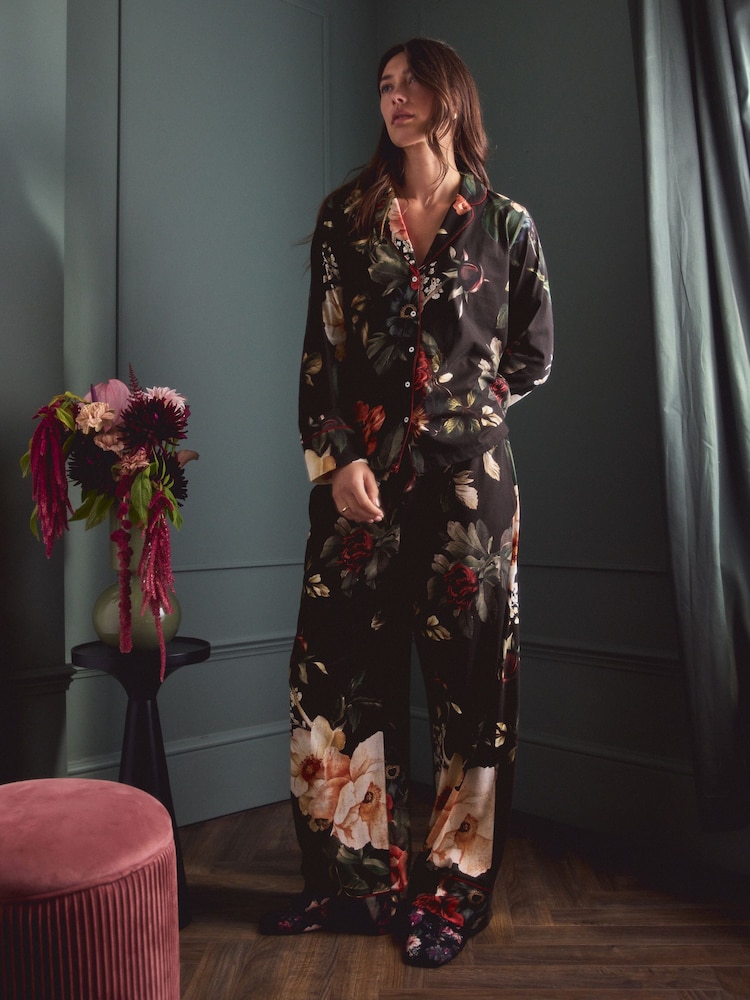 Charcoal Grey Floral Print Jersey Button Through Pyjamas - Image 2 of 12