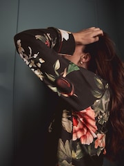 Charcoal Grey Floral Print Jersey Button Through Pyjamas - Image 7 of 12