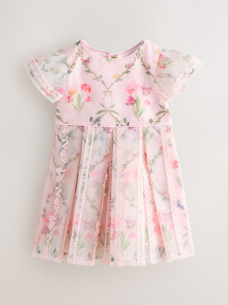 Baker by Ted Baker Pink Organza Floral Trellis Lace Overlay Dress - Image 1 of 7 Baker by Ted Baker Pink Organza Floral Trellis Lace Overlay Dress - Image 1 of 7