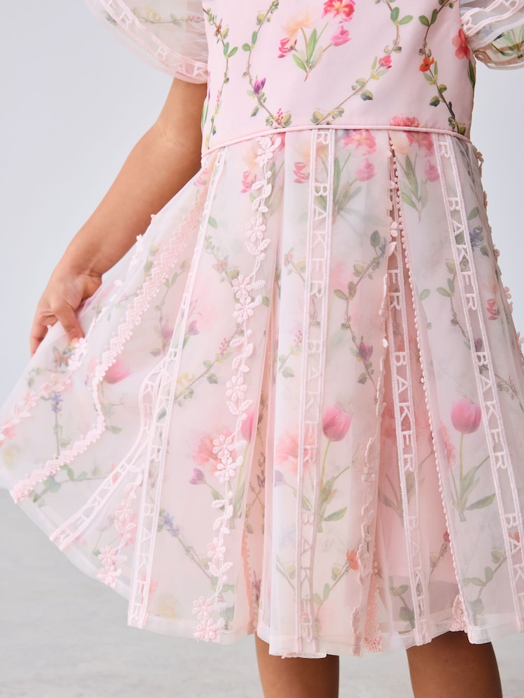 Girls Baker by Ted Baker Pink Organza Floral Trellis Lace Overlay Dress 2 - 3 Years