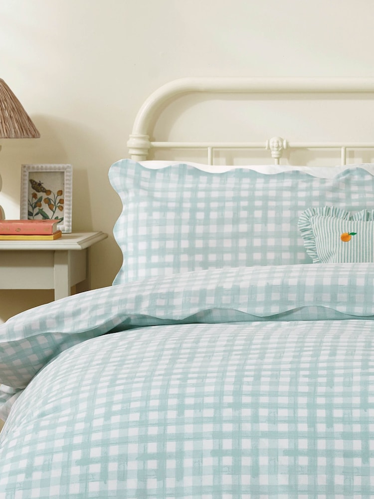 furn. Blue Scalloped Edge Gingham Pillowcase - Image 1 of 1 furn. Blue Scalloped Edge Gingham Pillowcase - Image 1 of 1