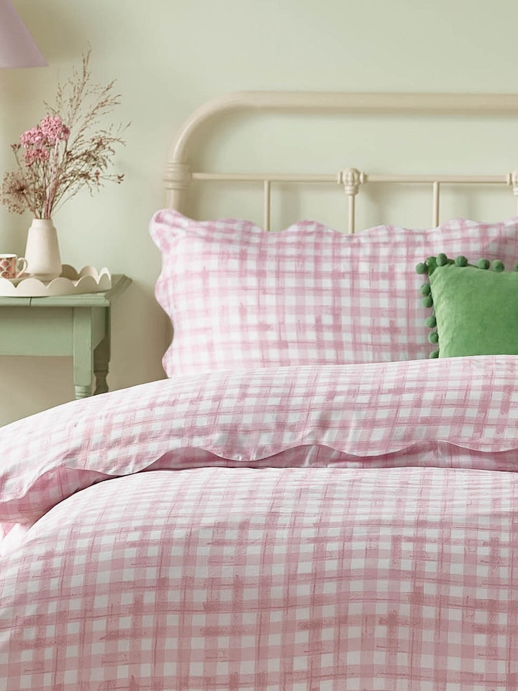 furn. Pink Scalloped Edge Gingham Pillowcase - Image 1 of 1 furn. Pink Scalloped Edge Gingham Pillowcase - Image 1 of 1