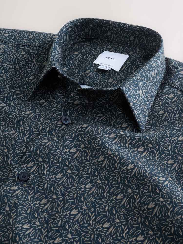 Navy Blue Ditsy Floral Regular Fit Short Sleeve Shirt - Image 2 of 7