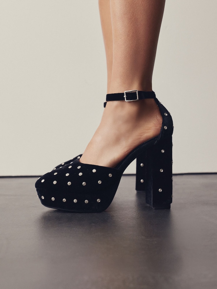 Black Velvet Forever Comfort® Velvet Studded Plafrom Two-Part Block Heels - Image 1 of 10 Black Velvet Forever Comfort® Velvet Studded Plafrom Two-Part Block Heels - Image 1 of 10