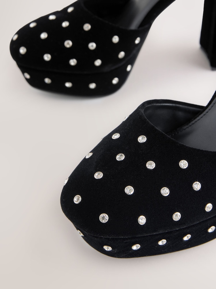Black Velvet Forever Comfort® Velvet Studded Plafrom Two-Part Block Heels - Image 10 of 10 Black Velvet Forever Comfort® Velvet Studded Plafrom Two-Part Block Heels - Image 10 of 10