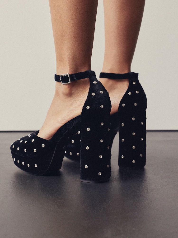 Black Velvet Forever Comfort® Velvet Studded Plafrom Two-Part Block Heels - Image 2 of 10 Black Velvet Forever Comfort® Velvet Studded Plafrom Two-Part Block Heels - Image 2 of 10