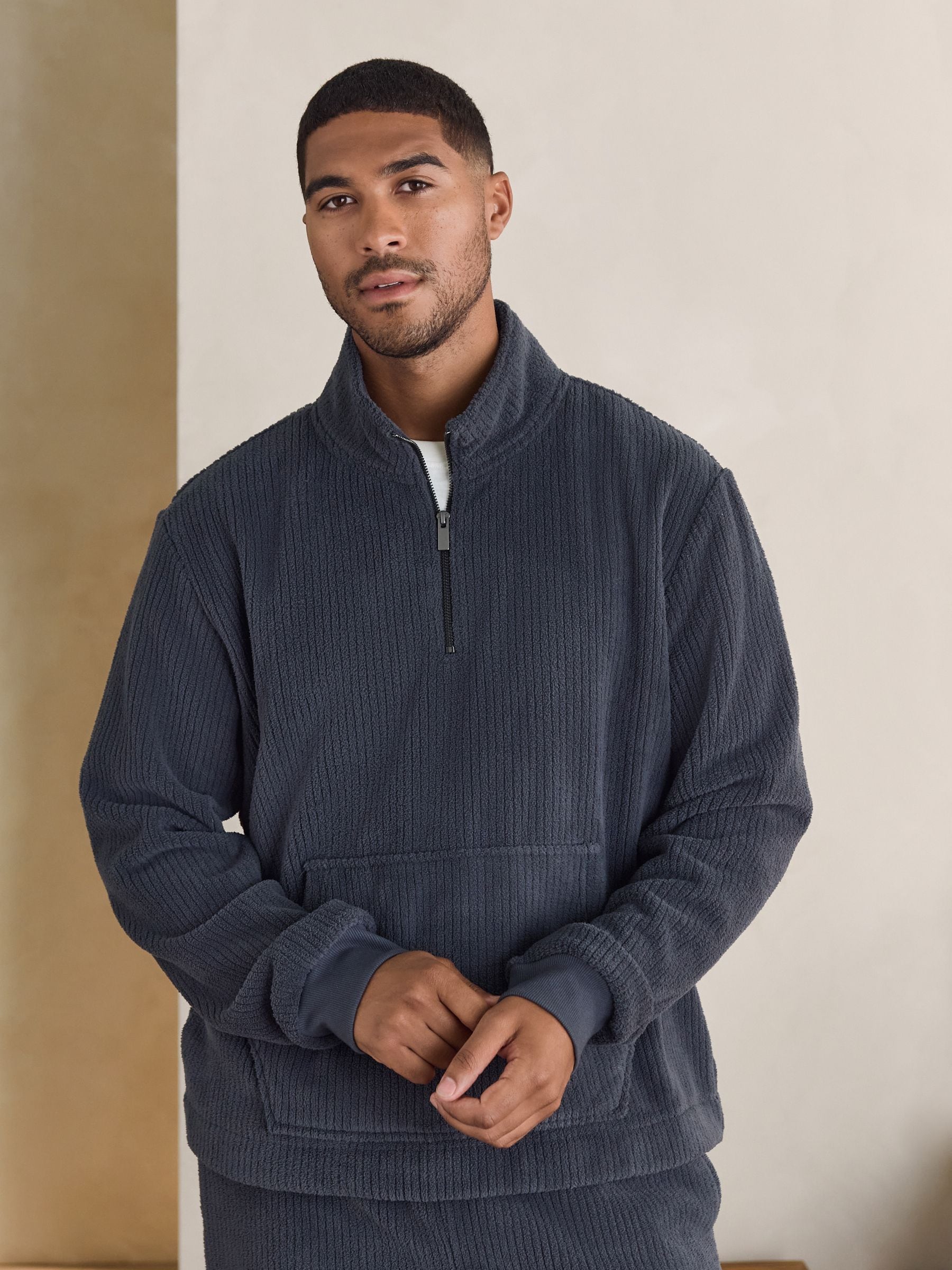 Buy Slate Grey Borg Fleece Rib Textured Quarter Zip Hoodie from