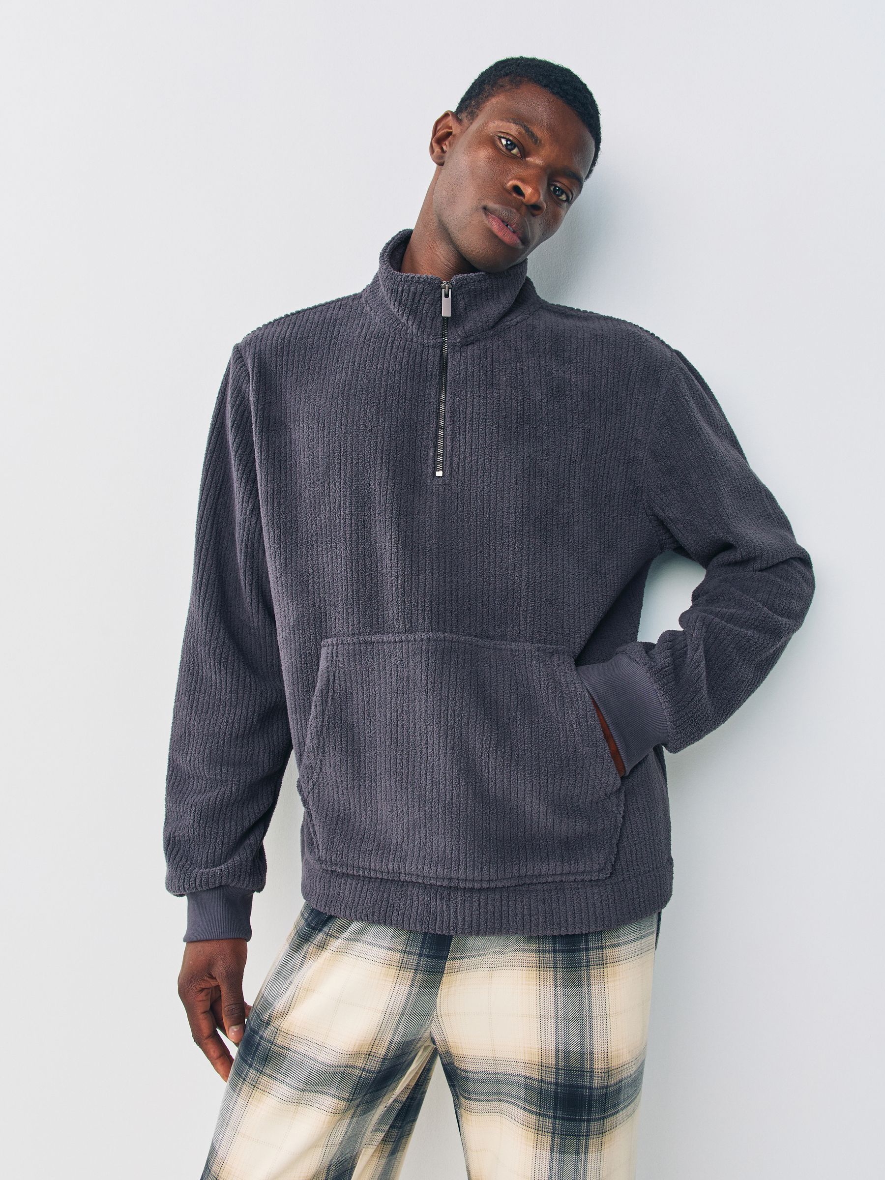 Buy Slate Grey Borg Fleece Rib Textured Quarter Zip Hoodie from