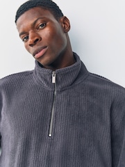 Slate Grey Borg Fleece Rib Textured Quater Zip Hoodie - Image 8 of 13