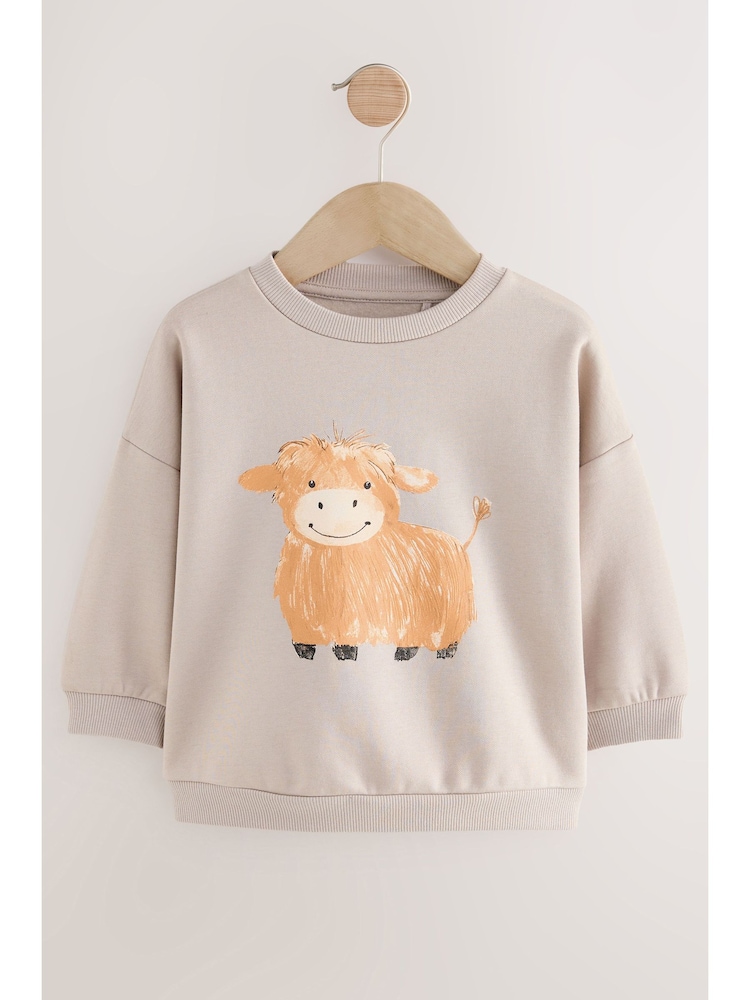 Stone Hamish Highland Cow Printed Crew Neck Cotton Sweatshirt (3mths-7yrs) - Image 1 of 4
