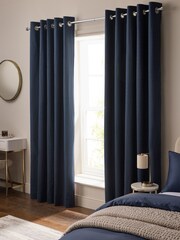 Navy Blue Cotton Sateen Blackout Thermal Eyelet Curtains - Image 1 of 7