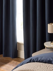 Navy Blue Cotton Sateen Blackout Thermal Eyelet Curtains - Image 3 of 7