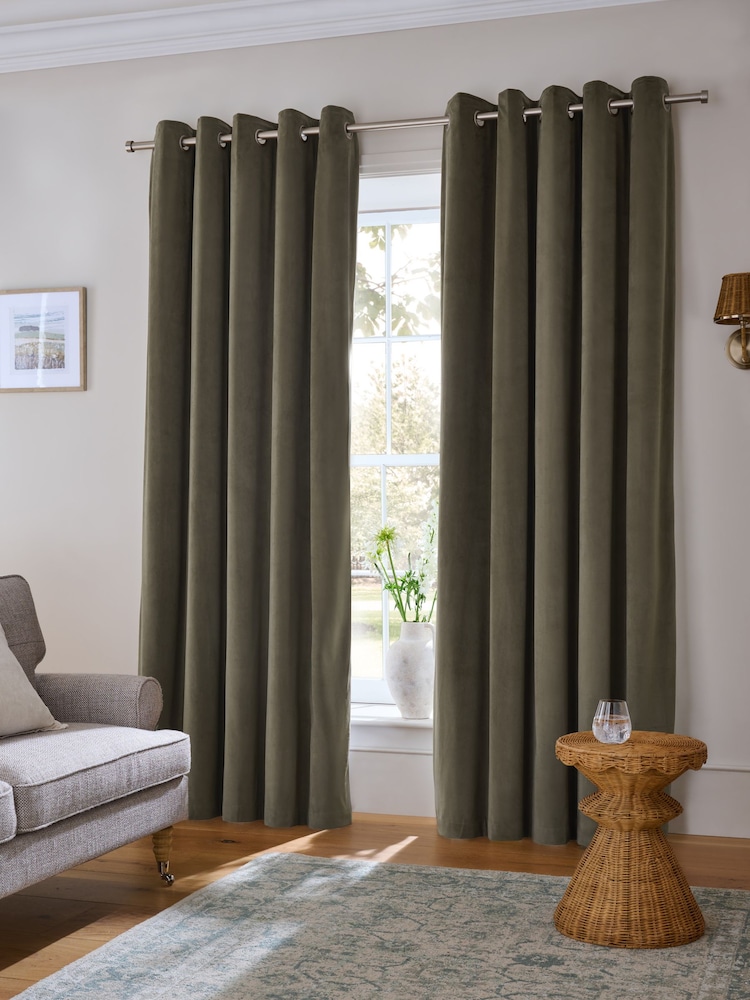 Green Light Olive Matte Velvet Blackout/Thermal Eyelet Curtains - Image 2 of 7 Green Light Olive Matte Velvet Blackout/Thermal Eyelet Curtains - Image 2 of 7