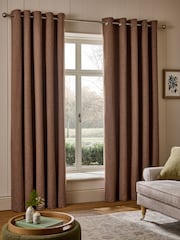 Tan Brown Brushed Herringbone Eyelet Blackout Thermal Curtains - Image 1 of 5
