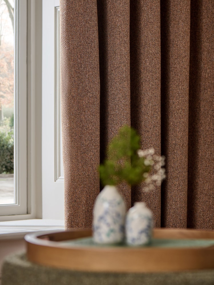 Tan Brown Brushed Herringbone Eyelet Blackout Thermal Curtains - Image 2 of 5 Tan Brown Brushed Herringbone Eyelet Blackout Thermal Curtains - Image 2 of 5