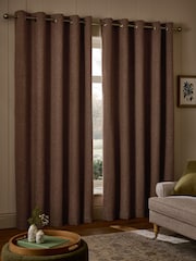Tan Brown Brushed Herringbone Eyelet Blackout Thermal Curtains - Image 3 of 5