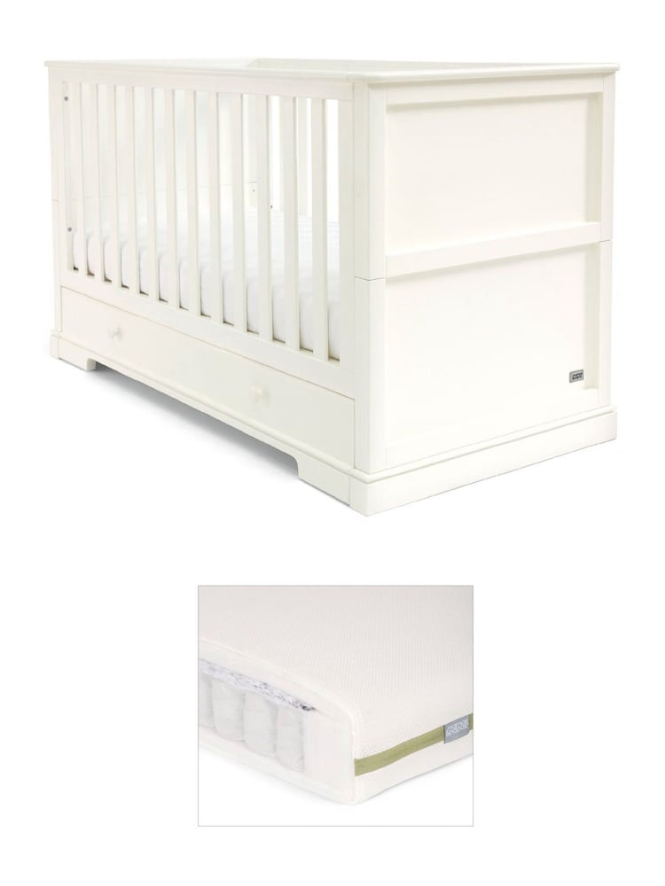 Mamas & Papas White Oxford Cot Bed & Pocket Spring Mattress - Image 1 of 4