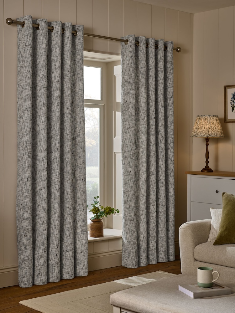 Grey Textured Chenille Lined Eyelet Curtains - Image 2 of 5 Grey Textured Chenille Lined Eyelet Curtains - Image 2 of 5