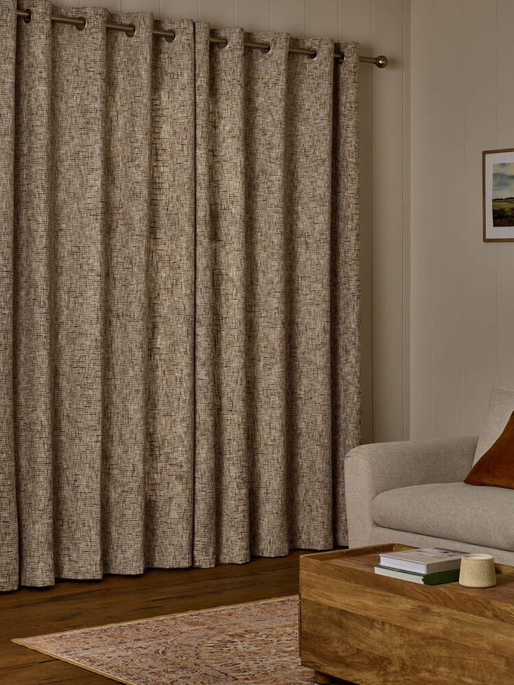 Ochre/Natural Textured Chenille Lined Eyelet Curtains - Image 2 of 5 Ochre/Natural Textured Chenille Lined Eyelet Curtains - Image 2 of 5