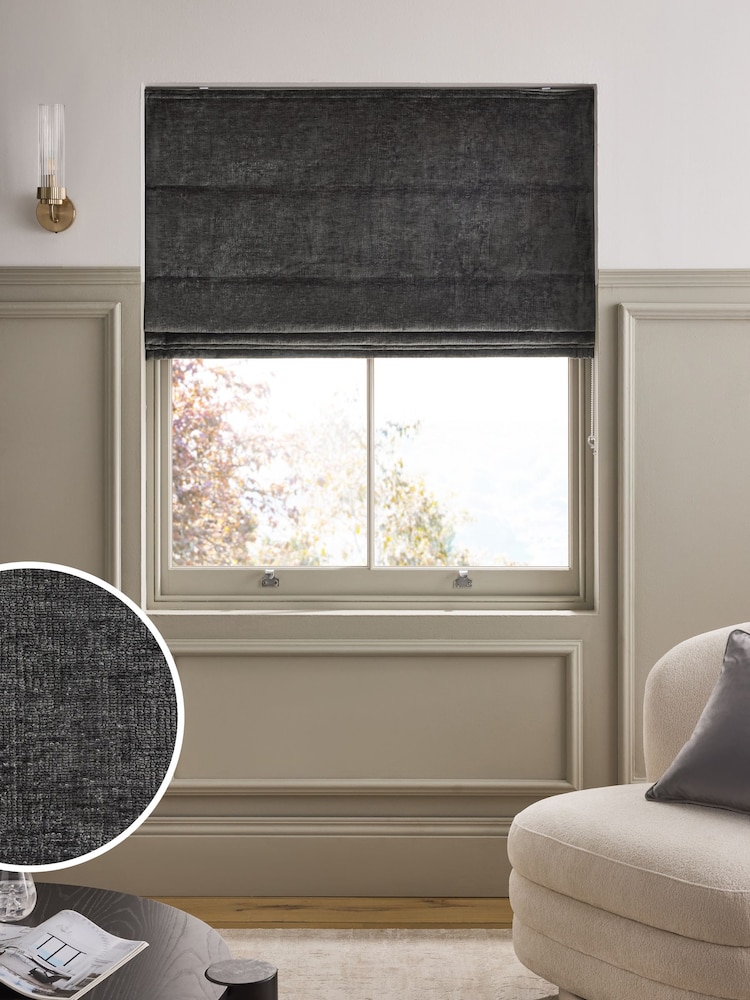 Charcoal Grey Ready Made Blackout/Thermal Plush Chenille Roman Blinds - Image 1 of 7 Charcoal Grey Ready Made Blackout/Thermal Plush Chenille Roman Blinds - Image 1 of 7