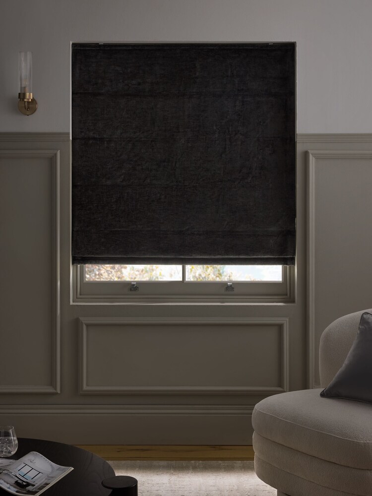 Charcoal Grey Ready Made Blackout/Thermal Plush Chenille Roman Blinds - Image 2 of 7 Charcoal Grey Ready Made Blackout/Thermal Plush Chenille Roman Blinds - Image 2 of 7