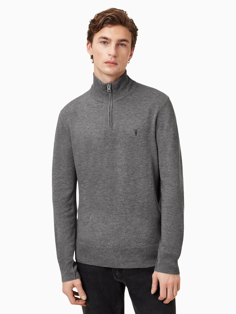 AllSaints Grey Kilburn Zip Funnel Jumper - Image 1 of 7
