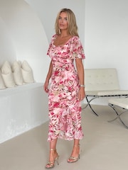 Girl In Mind Pink Heidi Multi Floral Ruched Midi Dress - Image 1 of 4