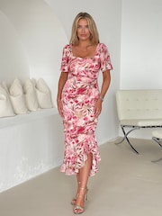 Girl In Mind Pink Heidi Multi Floral Ruched Midi Dress - Image 4 of 4