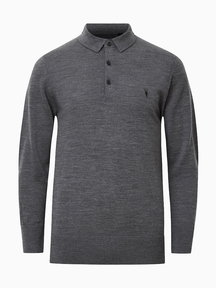 AllSaints Grey Mode Merino Polo Shirt - Image 7 of 8