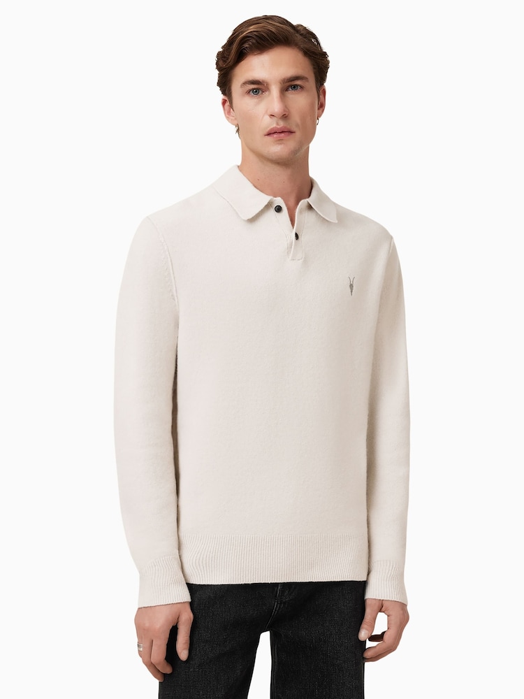 AllSaints Cream Statten White Long Sleeve Polo Jumper - Image 2 of 9 AllSaints Cream Statten White Long Sleeve Polo Jumper - Image 2 of 9