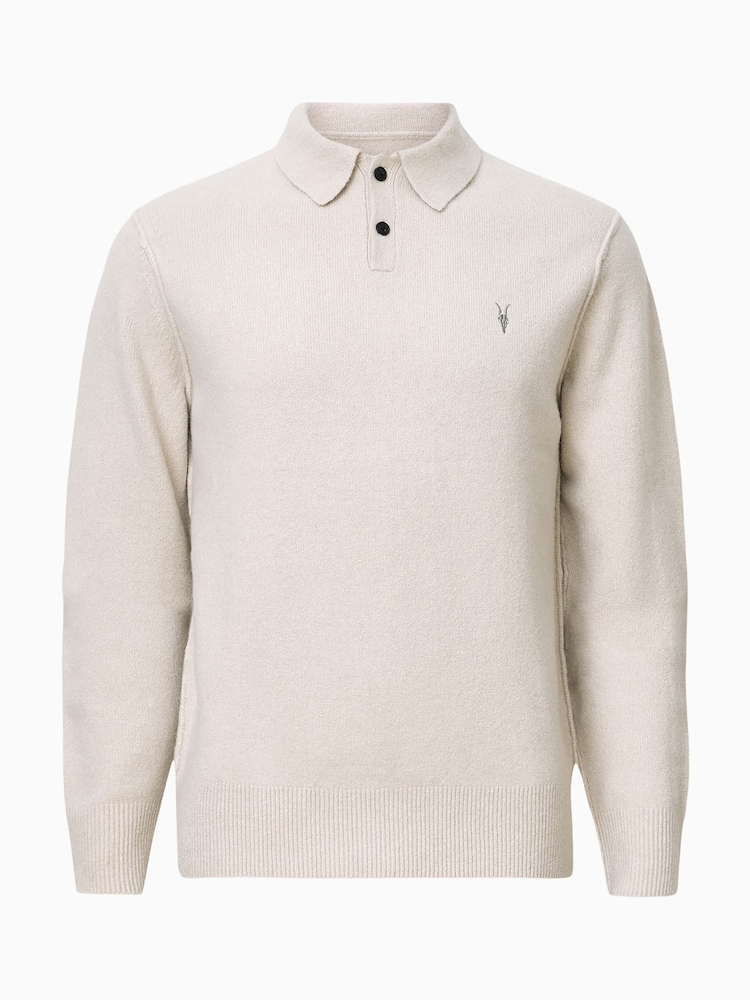 AllSaints Cream Statten White Long Sleeve Polo Jumper - Image 9 of 9 AllSaints Cream Statten White Long Sleeve Polo Jumper - Image 9 of 9