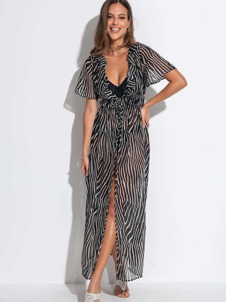 Pour Moi Black Frill Detail Double Tie Chiffon Kimono - Image 2 of 7