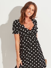 Pour Moi Black Shirred Back Puff Sleeve Mini Beach Dress - Image 1 of 4