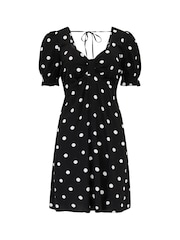 Pour Moi Black Shirred Back Puff Sleeve Mini Beach Dress - Image 3 of 4