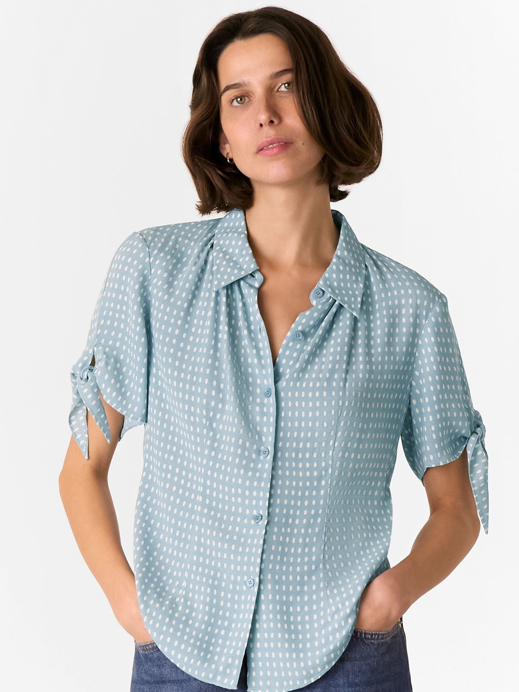 Whistles Blue Oval Spot Tie Sleeve Shirt