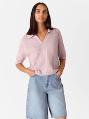Whistles Purple 100% Cotton Pointelle Collar Detail Knit Jumper - Image 1 of 5