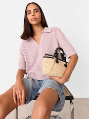 Whistles Purple 100% Cotton Pointelle Collar Detail Knit Jumper - Image 4 of 5