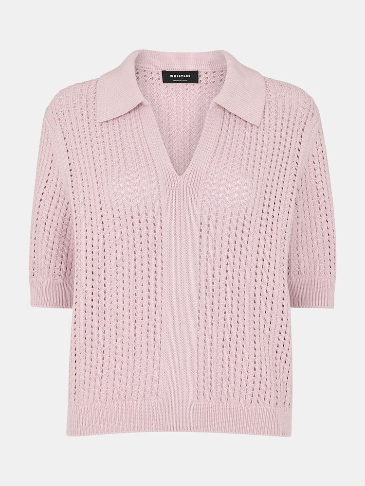 Whistles Purple 100% Cotton Pointelle Collar Detail Knit Jumper - Image 5 of 5