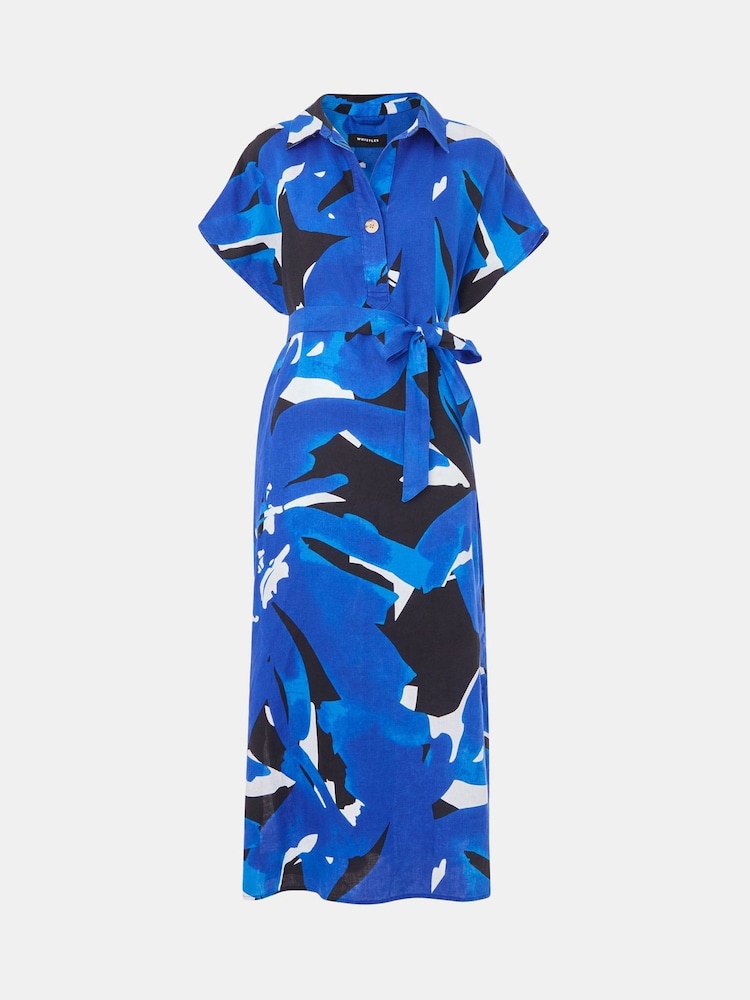 Whistles Blue Abstract Blooms 100% Linen Dress - Image 5 of 5