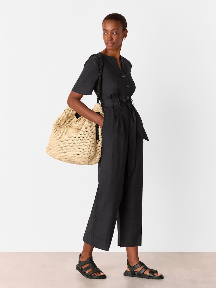 Whistles Black Petite Fiona 100% Linen Button Jumpsuit - Image 1 of 5